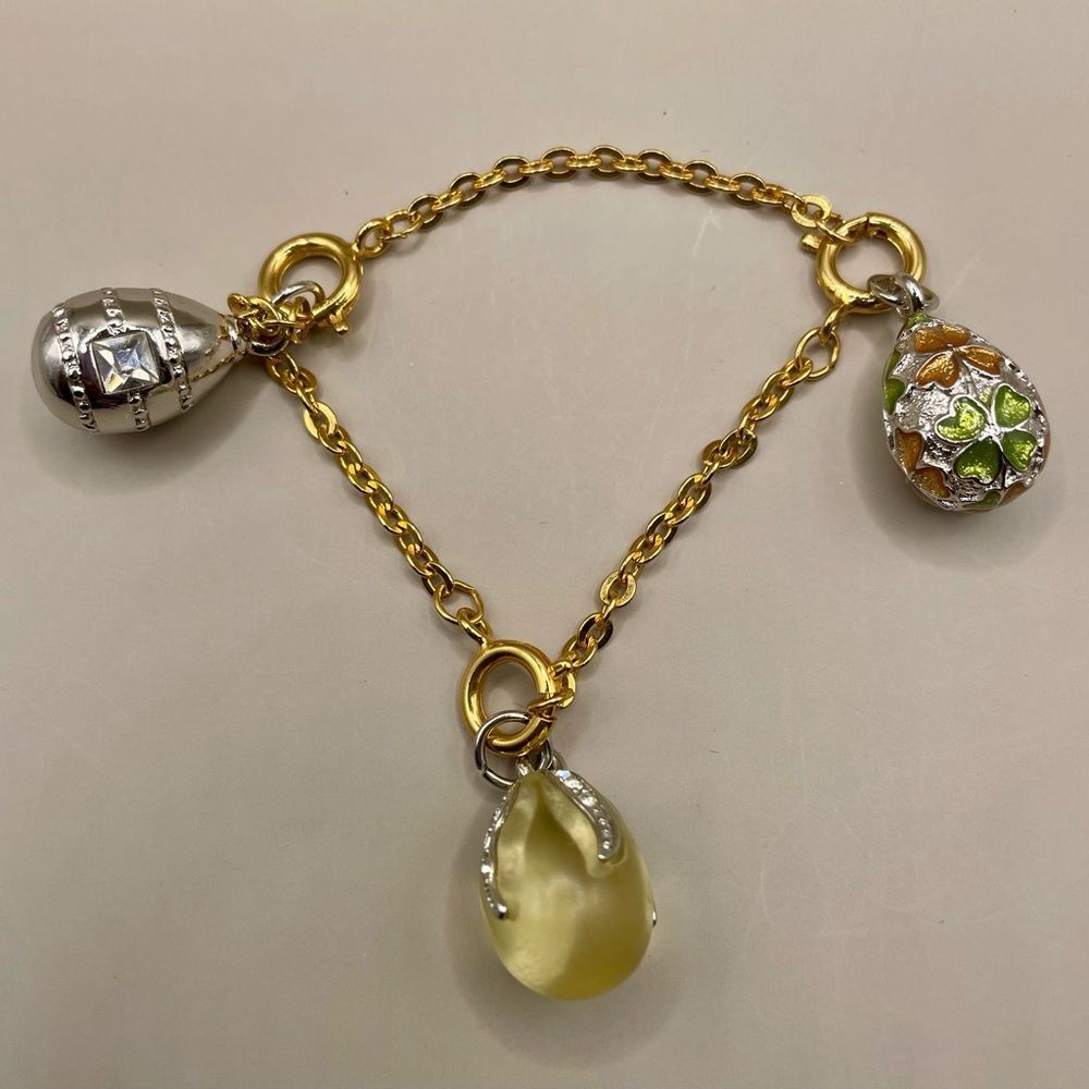 Vintage Joan Rivers 3 pc Faberge egg charm set-silver, floral, and frosted eggs